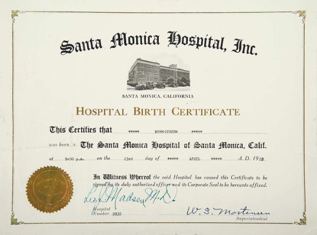 Download California Santa Monica hospital  birth certificate Photoshop template